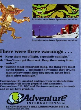 Gremlins - The Adventure (1983)(Adventure International) box cover back